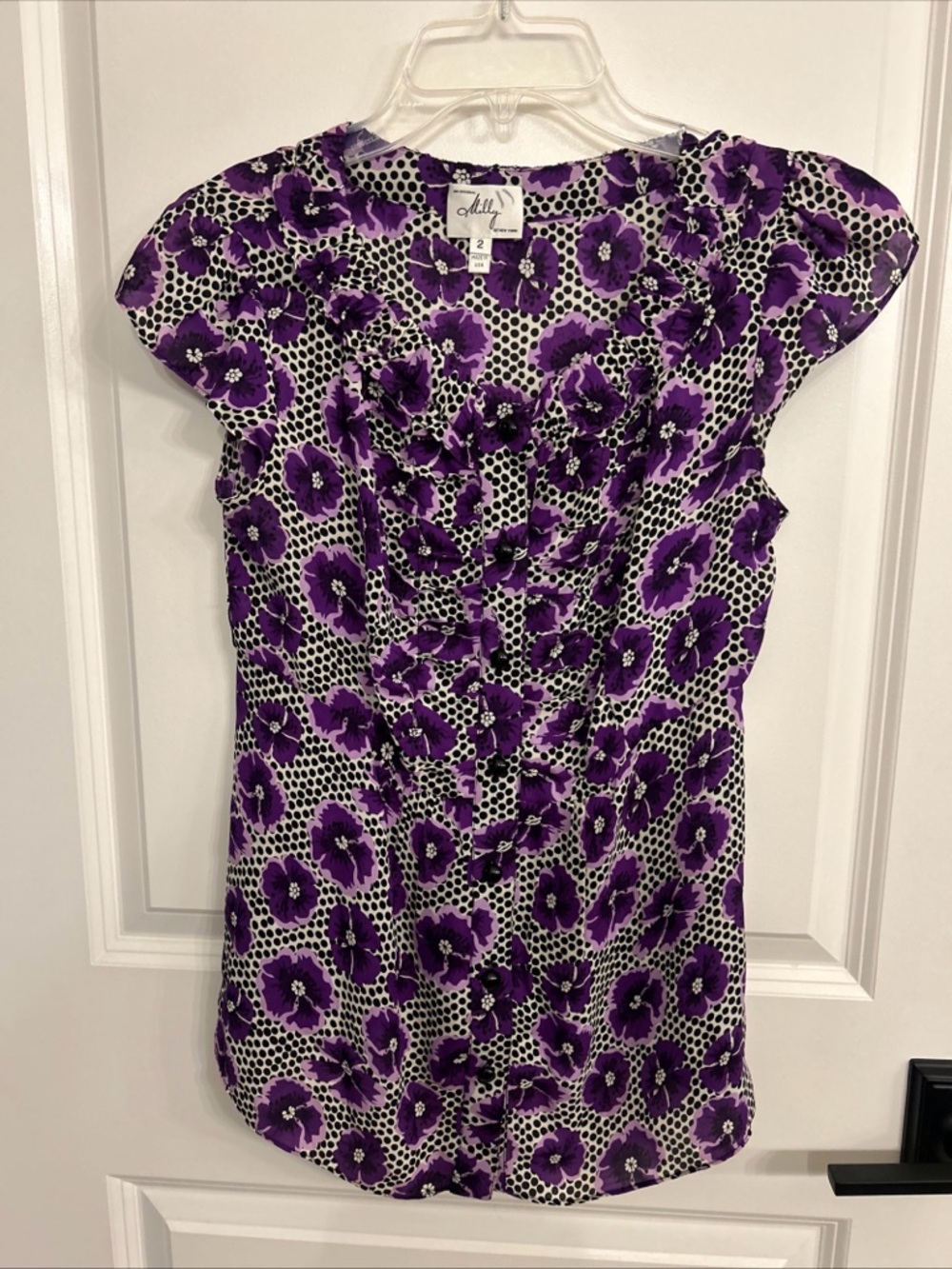 Milly New York Purple Pansy Floral 100% Silk Flutter Sleeve Blouse Sz 2 Feminine